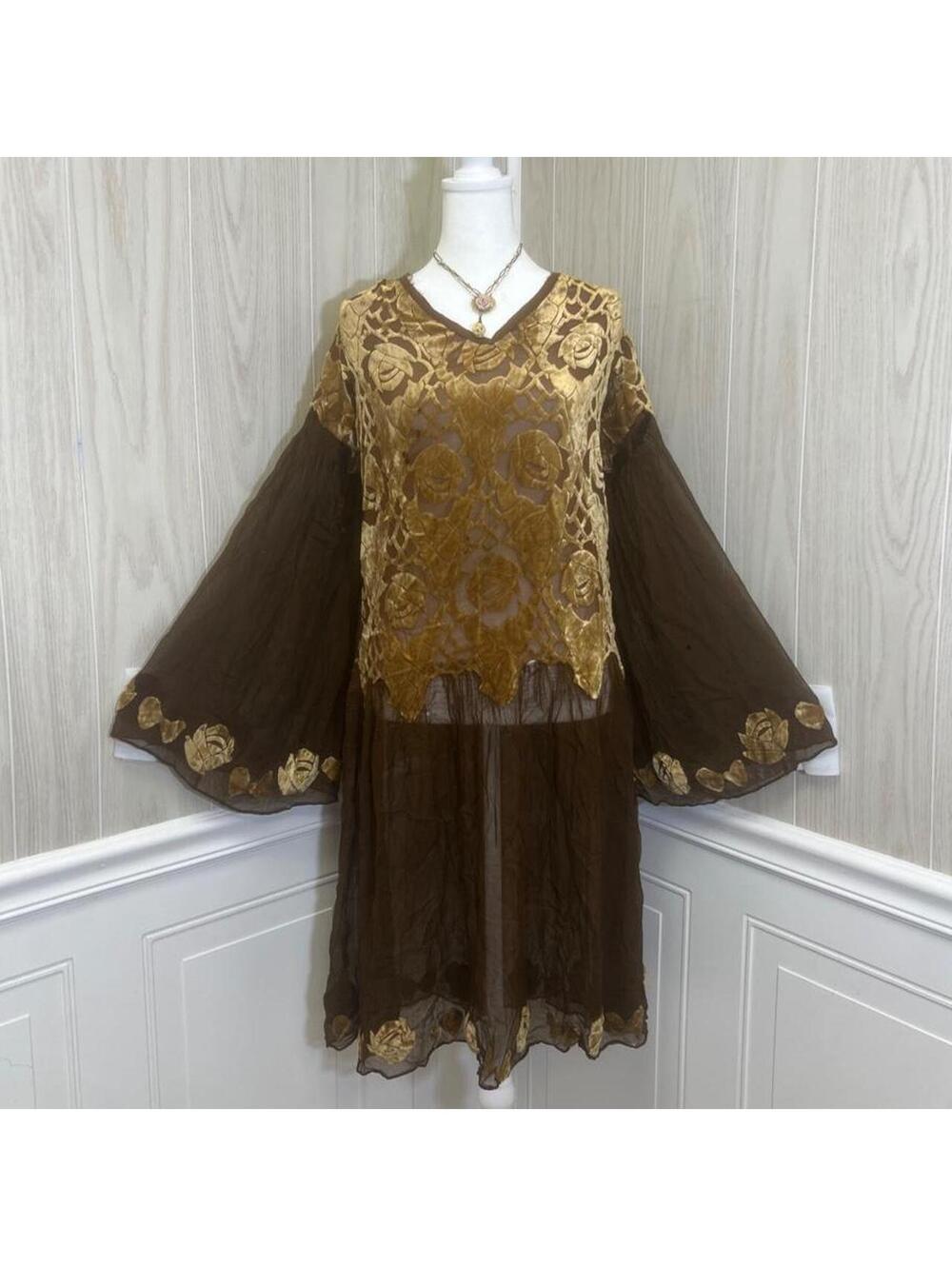 beautiful 1920s antique sheer flowy bell sleeve w/ embossed velvet flapper dress